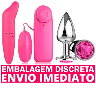 Kit Vibrador Sexual Feminino Ponto G liso + Vibrador Bullet Cápsula + Plug Anal e Vaginal Aço Inoxidável Dilata Tamanho P
