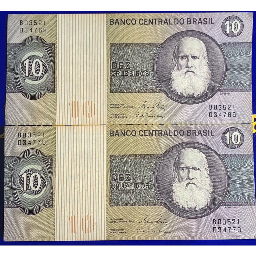 2 Cédulas 10 Cruzeiros Banco Central do Brasil Raras Brasil Antigas Coleção Linda Cédulas