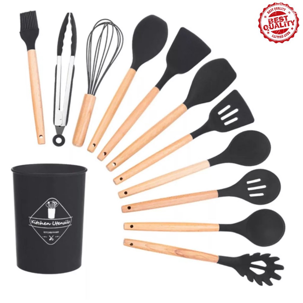 Kit 12 Utensílios De Cozinha Em Silicone E Cabo De Madeira