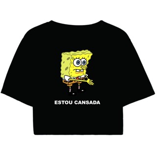 Cropped Feminino Preto Tumblr blogueira bob esponja estou cansada academia feminina manga curta