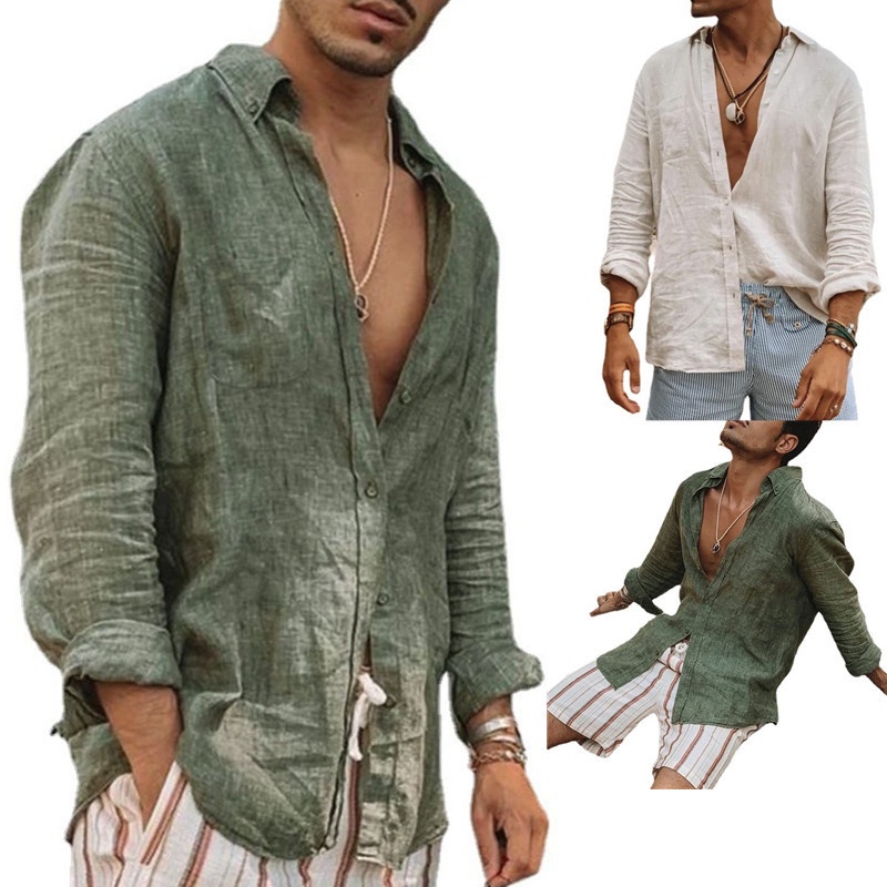 M-3XL Camisa Masculina Camisa de Lapela Europeia Cor Sólida Casual Camisa de Manga Comprida Botão Algodão Linho Bolso Ca