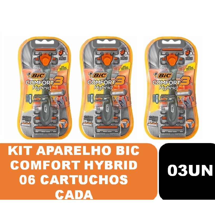 Kit 03 UN Aparelho de barbear Bic Comfort Hybrid c/ 06 cartuchos (cada)