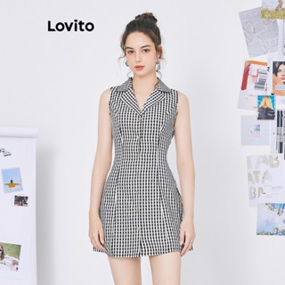 Lovito Vestido com Botões na Frente e Colar Decorativo para Mulheres L59ED120 (Preto e Branco)