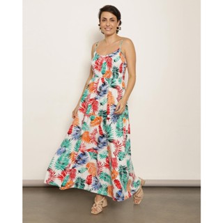 Vestido Feminino Alcinha Midi Linho Estampa Folhagens Branco