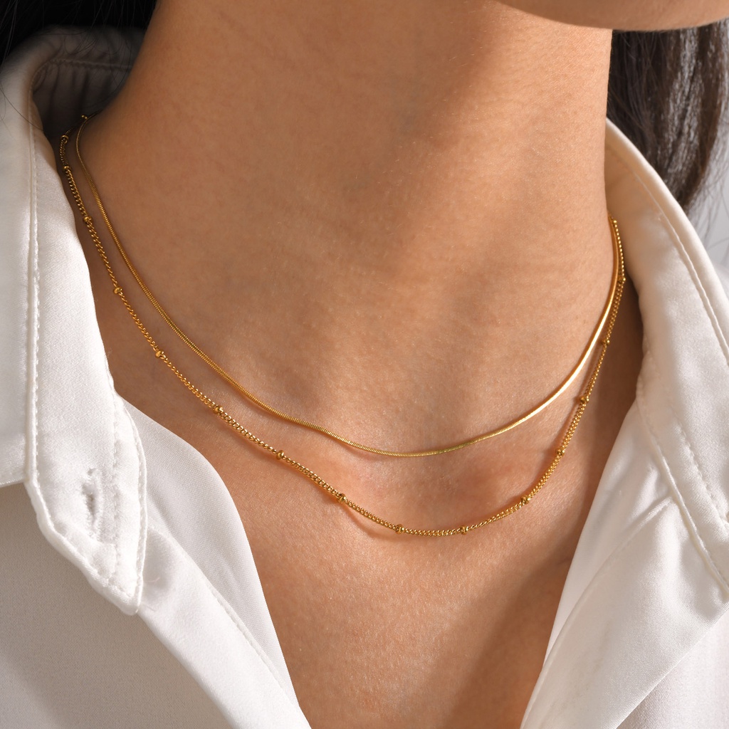 Vnox Bead and Snake Chain Colar Em Camadas Duplas Para Menina Feminina , De Aço Inoxidável Empilhado 18K Gold Presente De Jóias