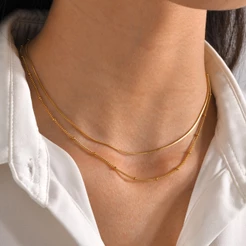 Vnox Bead and Snake Chain Colar Em Camadas Duplas Para Menina Feminina , De Aço Inoxidável Empilhado 18K Gold Presente De Jóias