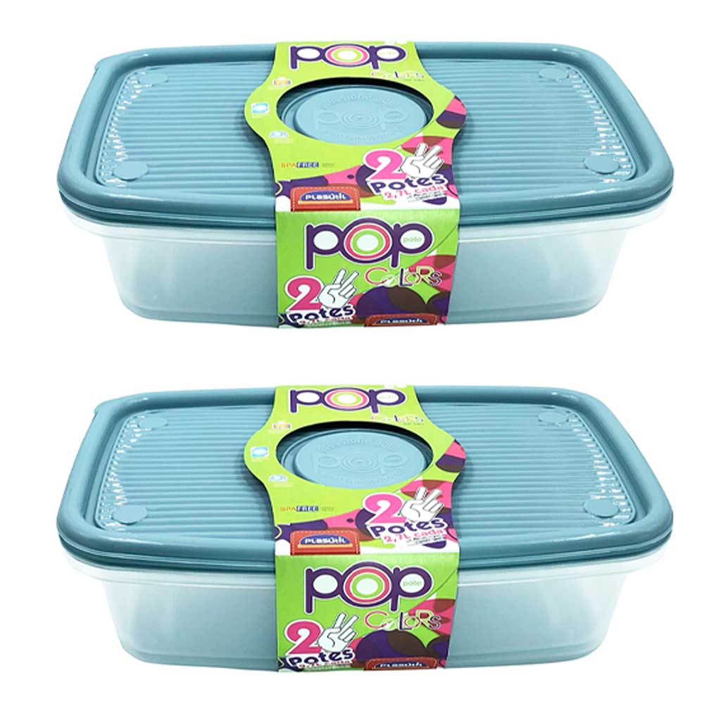 Kit 4 potes plástico azul 2700ml para alimentos comida mantimentos geladeira freezer microondas vasilha marmita tapoer tapuer tapauer Plasútil