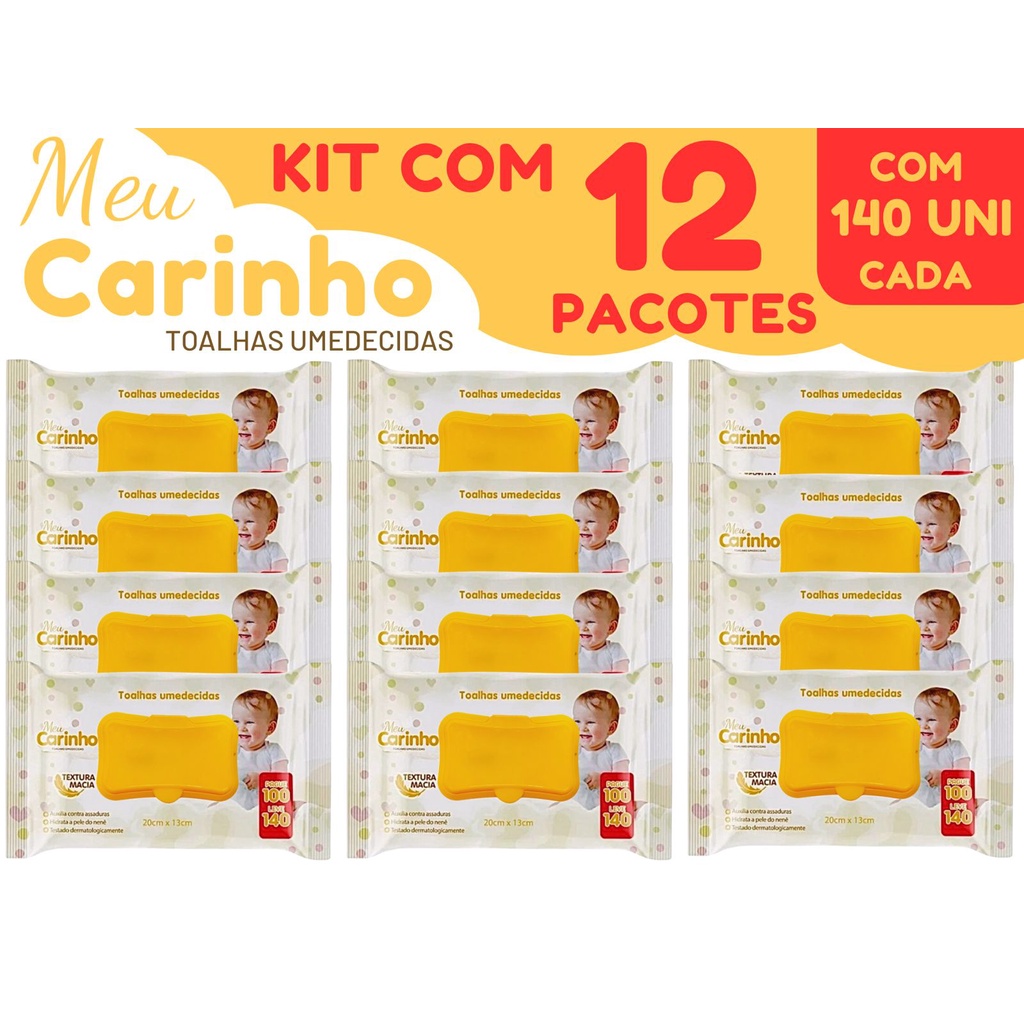 KIT COM 12 PACOTES DE LENÇO/TOALHAS UMEDECIDAS PARA BEBE MEU CARINHO C/140 UNIDADES CADA – PREMIUM