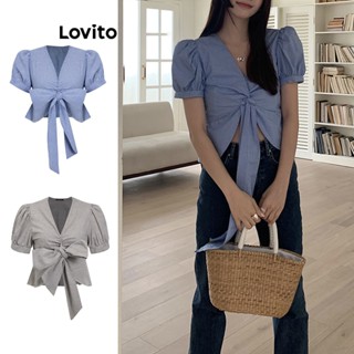Lovito Casual Blusas Xadrez com Amarração e Mangas Bufantes para Mulheres LNA20036 (Azul)