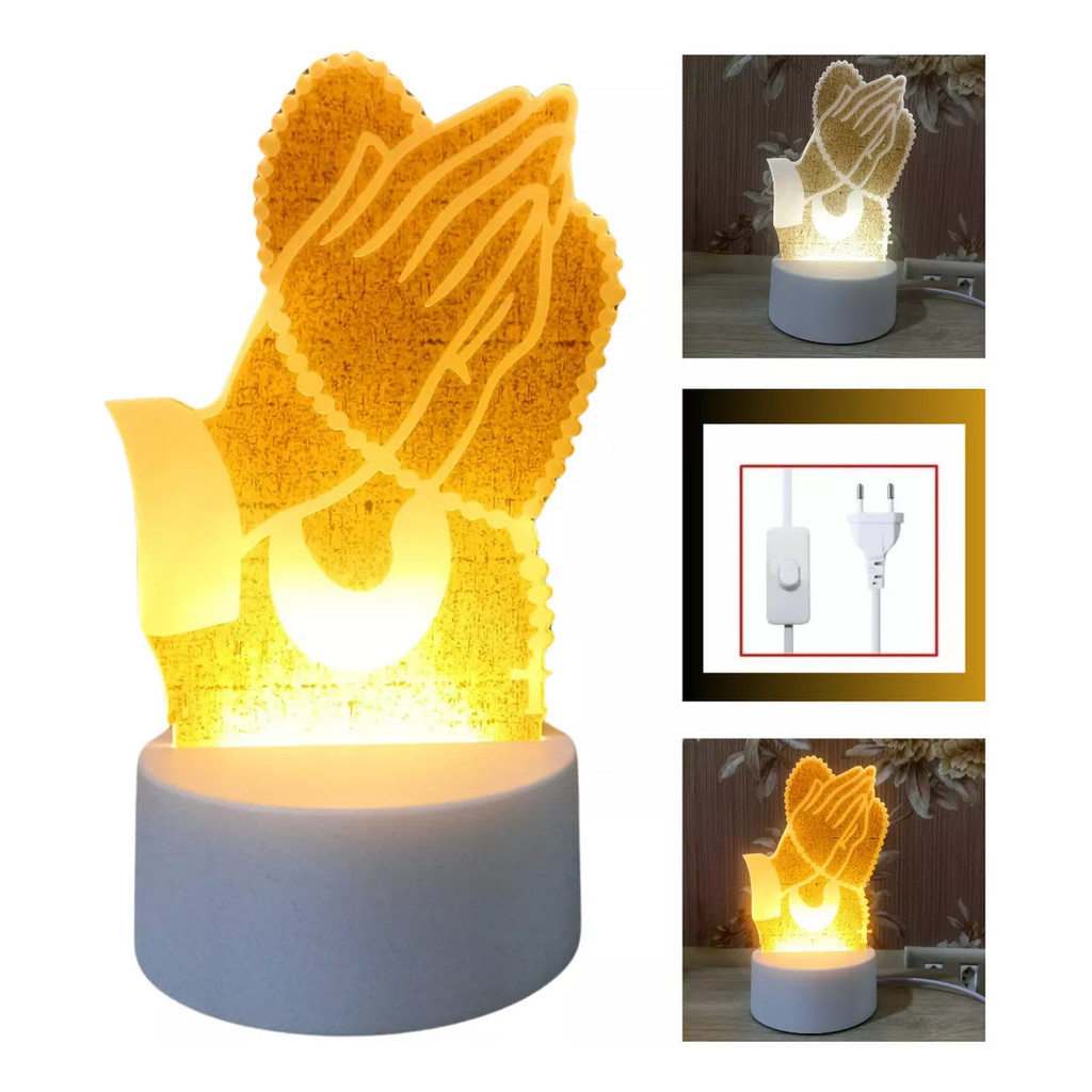 Luminária De Mesa Abajur LED Efeito 3D Fé Em Deus Oração Mãos Terço Esperança  Decorativa EB80381