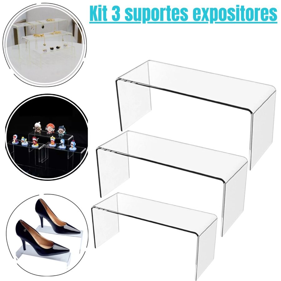 Trio Suporte Expositor Prateleira Escadinha Display Acrílico em Oferta na Shopee