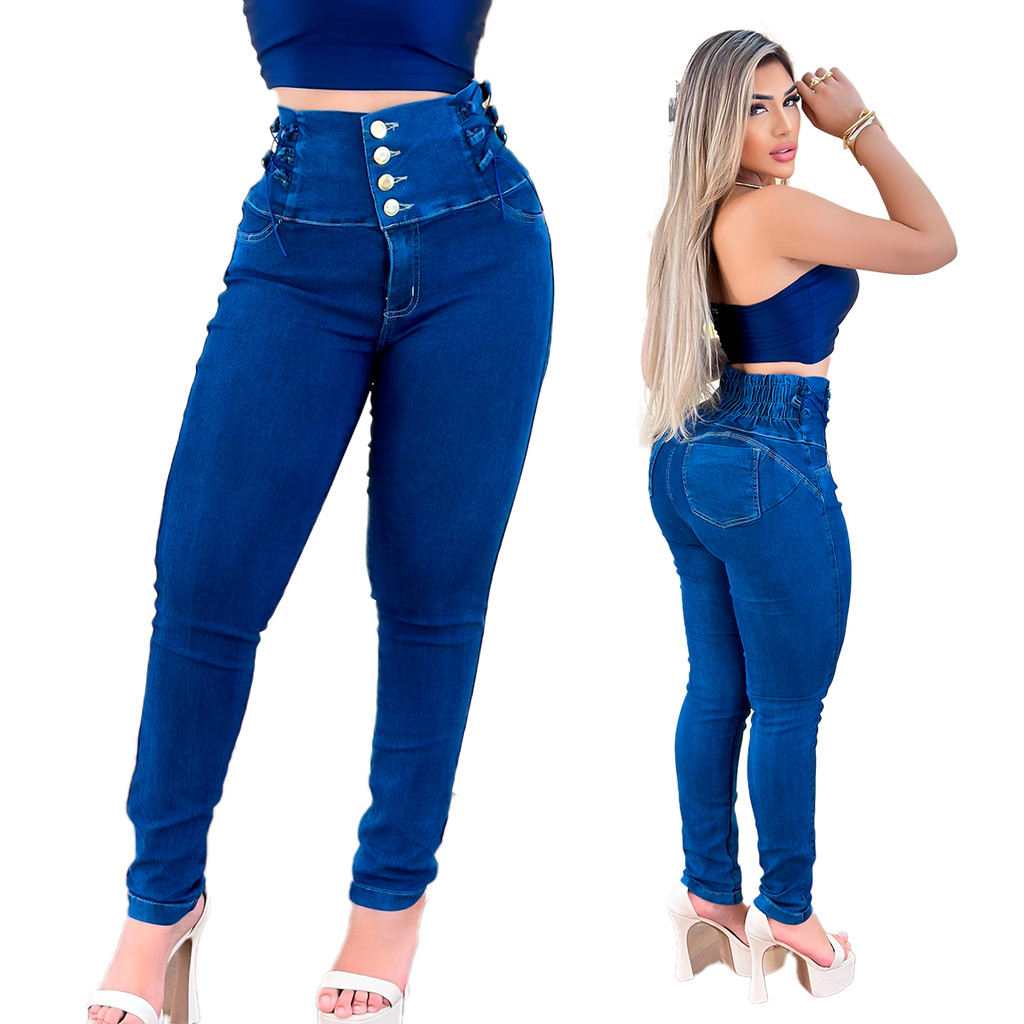 Calça Jeans Elástico Cintura Modeladora Skinny com Cós Alto em Oferta na Shopee