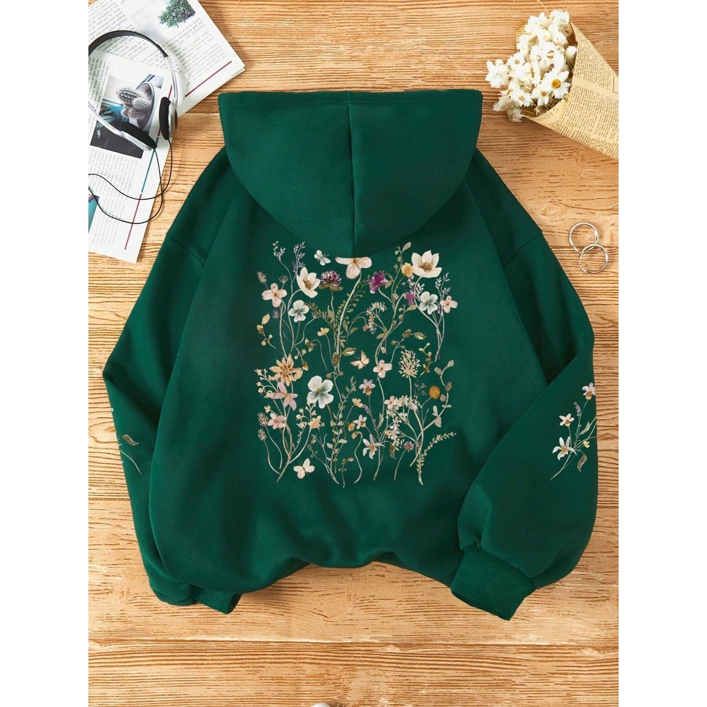 Pullovêr Flanelo Premium Canguru Feminino com Flores Estampadas Blusa Frio Manga Longa Outono Inverno Top Envio Rápido