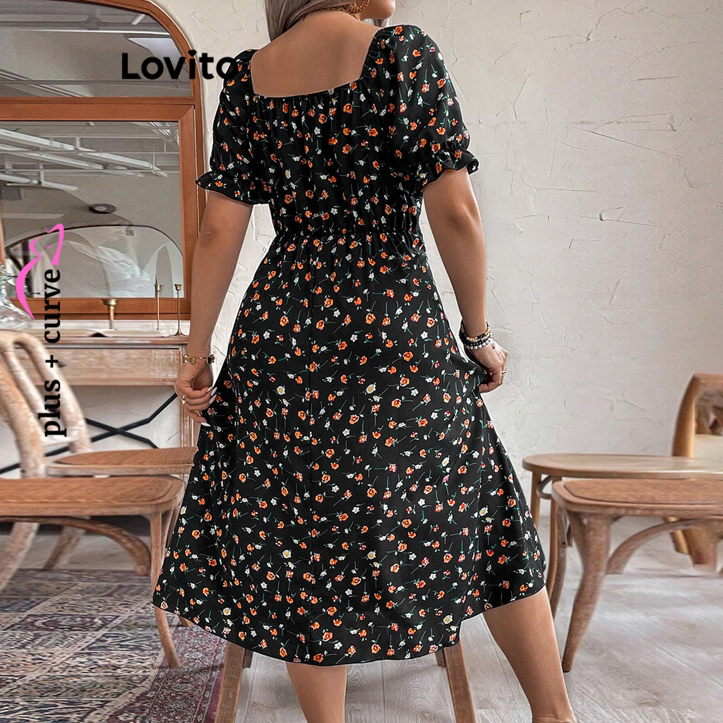 Detalhes do (Trendy) Lovito Vestido Curva Plus Size Romântico Ditsy Floral Franzido Vestido Querido Para Mulheres LBL15164