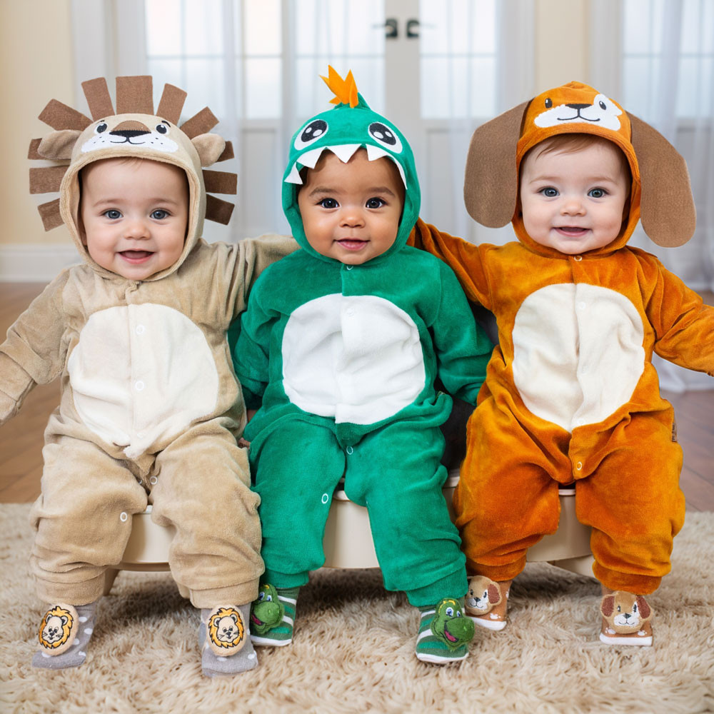 Conjunto de Macacão Temático de Bichinhos em Plush 3D com Pantufa Lúdica - Até 12 Meses