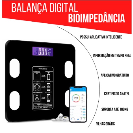 Balança de Bioimpedancia Corporal Digital com Bluetooth 180KG Aplicativo Fitness Treino Balança De Banheiro