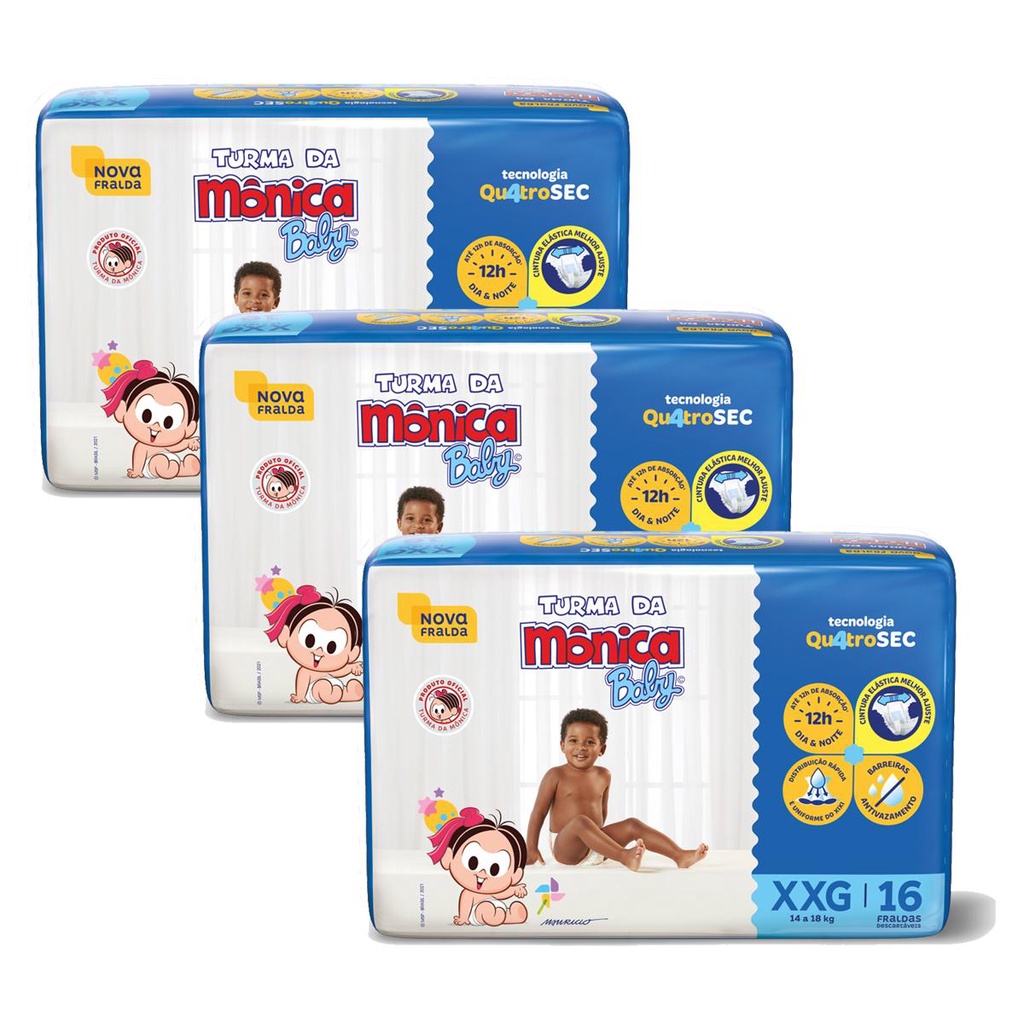 Kit 3 Fraldas Turma da Mônica Baby Jumbo XXG com 16un cada - Mom & Baby