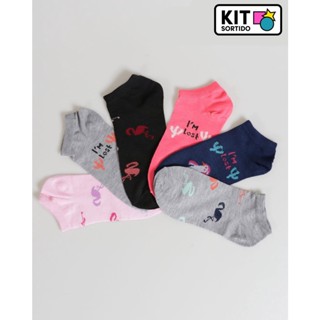 Kit 3 Pares de Meia Cano Curto Feminina Estampa e Cores Sortidas 35 A 40
