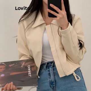 Lovito Casual Jaqueta Feminina Lisa com Zíper LNE30298 (Damasco/Preto)