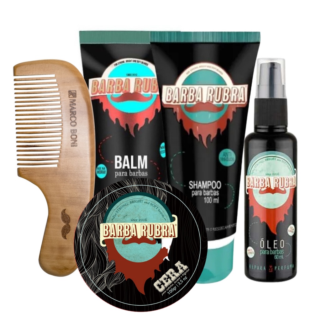 Kit Barba Rubra Óleo + Shampoo + Balm + Cera E Pente Barba