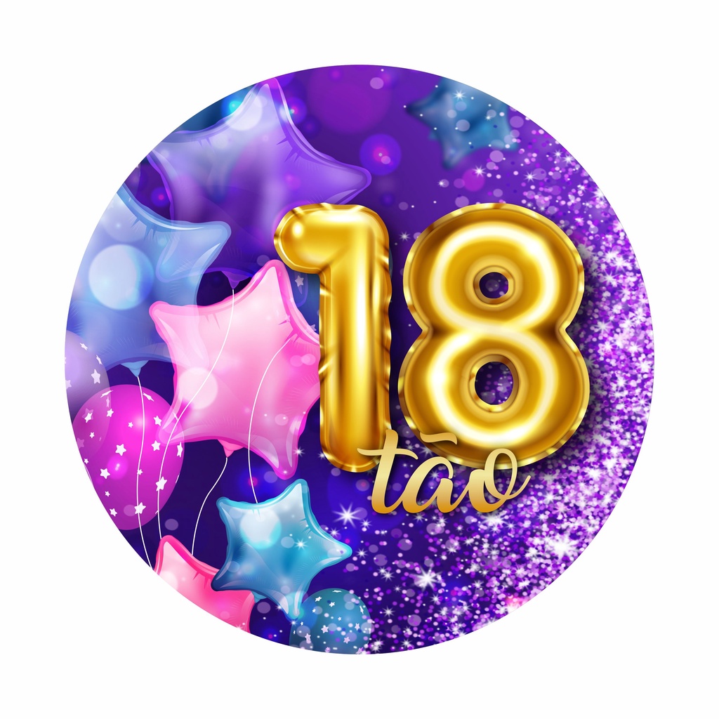 Painel de Tecido Sublimado Redondo Dezoitão 18 anos Dourado Balões Estrelas Glitter Roxo 1,5x1,5m