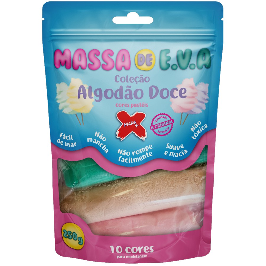 Kit Massa de Modelar E.V.A Lisa Algodão Doce Make + para Artesanato 10 Cores 250g