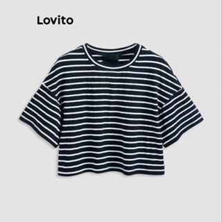 Lovito Casual Camiseta Feminina Listrada Básica L71ED023 (Preto e Branco)