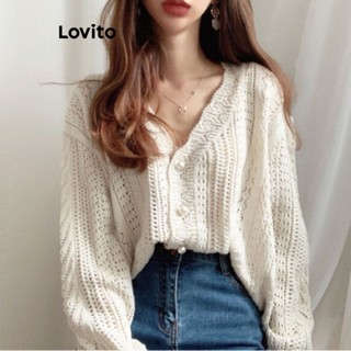 Lovito Casual Cardigã Feminino Liso com Recorte e Botão LNA29159 (Off White/Verde)