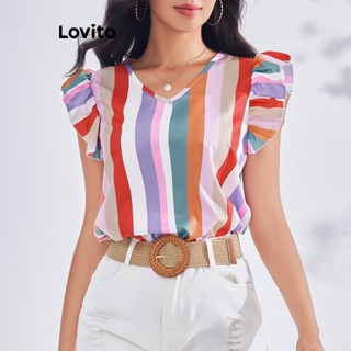 Lovito Blusa com Babados e Listras Arco-Íris Boho para Mulheres LBE03129 (Multicolorida)