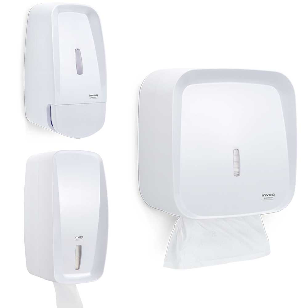 Kit 1 Dispenser Porta Sabonete líquido álcool gel + 1 Porta papel toalha + 1 porta papel higiênico Cai Cai Premisse Invoq Branco banheiro loja shopping