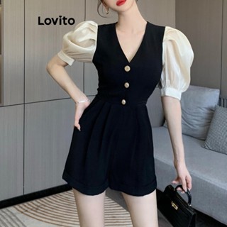 Lovito Macacão Colorblock Elegante Com Botão Liso Para Mulheres LNE36108 (Preto)