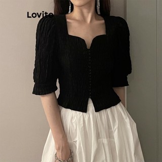 Lovito Blusa Feminina Casual Com Botões Lisos Na Frente LNE37308 (Preto)