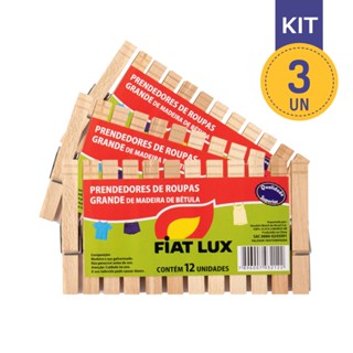Kit com 3 Pacotes de Prendedores De Roupa Grande e Resistente de Madeira Com 12 Fiat Lux