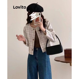 Lovito Casual Blazer Feminino Xadrez com Botão e Tecido Texturizado L73AD107