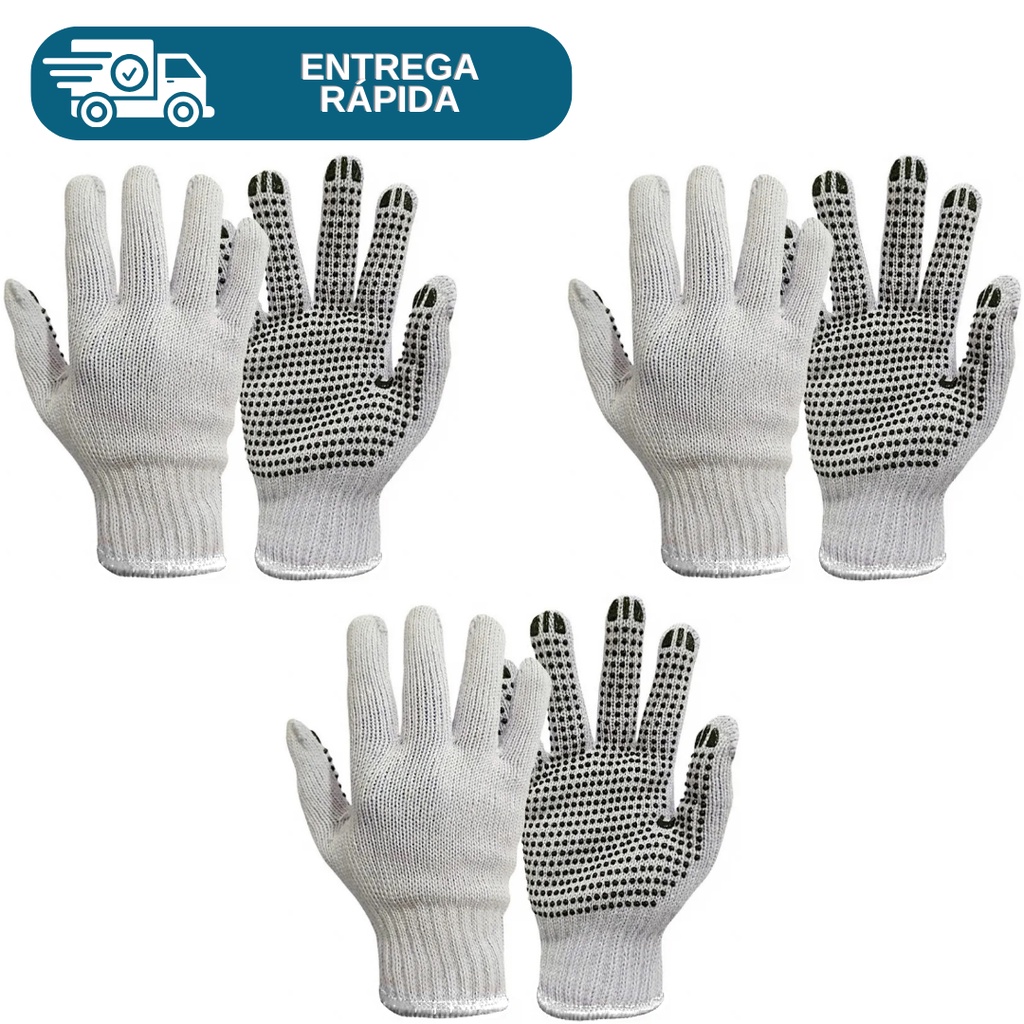 Kit 3 Prs Luva De Malha Pigmentada Algodão Tricotada Pano Branca Proteção Epi Pedreiro Segurança