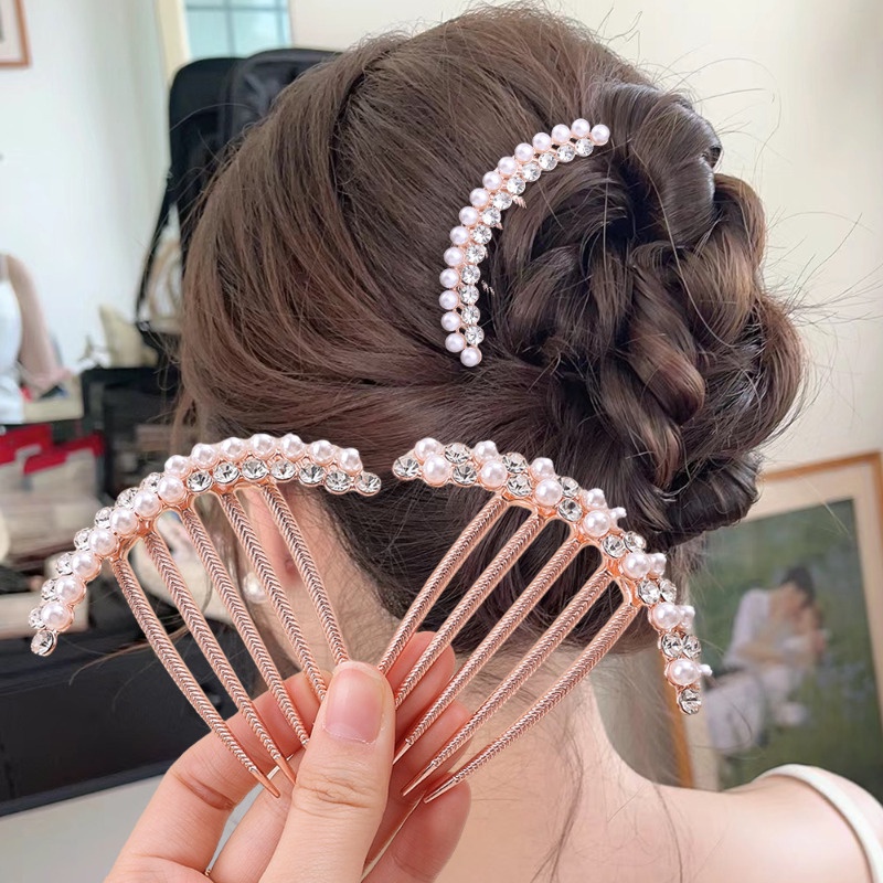 Pente De Cinco Dentes Simples Pérola Diamante-Acessório Para Cabelo Nupcial Liga Cintilante-Bun Estilo Coreano Fixo DIY