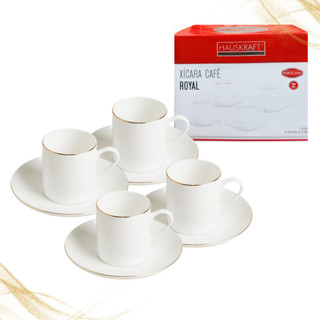 Jogo De Xícaras E Pires 90ml Em Porcelana Branca Com Borda Dourada 8 Peças Chá Café Filete...