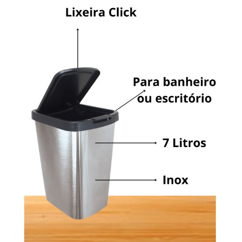 Kit  Lixeiras Cesto 09 Litros Inox Com Tampa Click Label Lixeira Escritório Lixeira Banheiro Chique