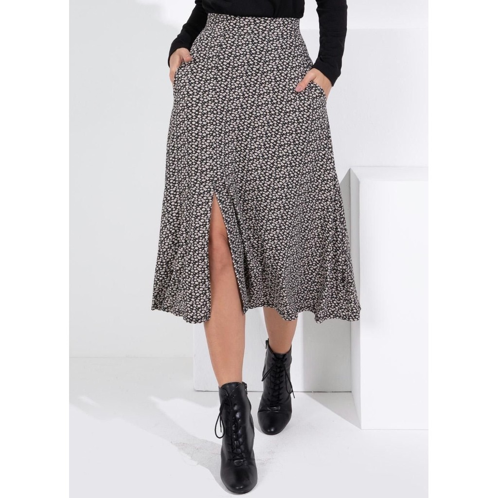 Saia Midi Com Bolsos E Fenda Preto Quintess em Oferta na Shopee