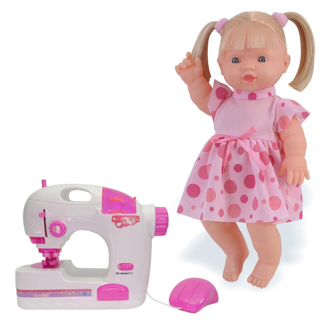 Kit Maquina Costura De Verdade Infantil e Boneca Elisi Loira