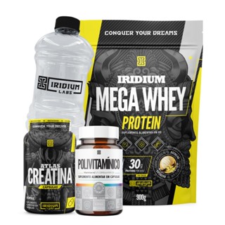 Kit Mega Whey Protein + Atlas Creatina Monohidratada 60 cáps + Polivitamínico 30 cáps + Galão Cristal 950ml