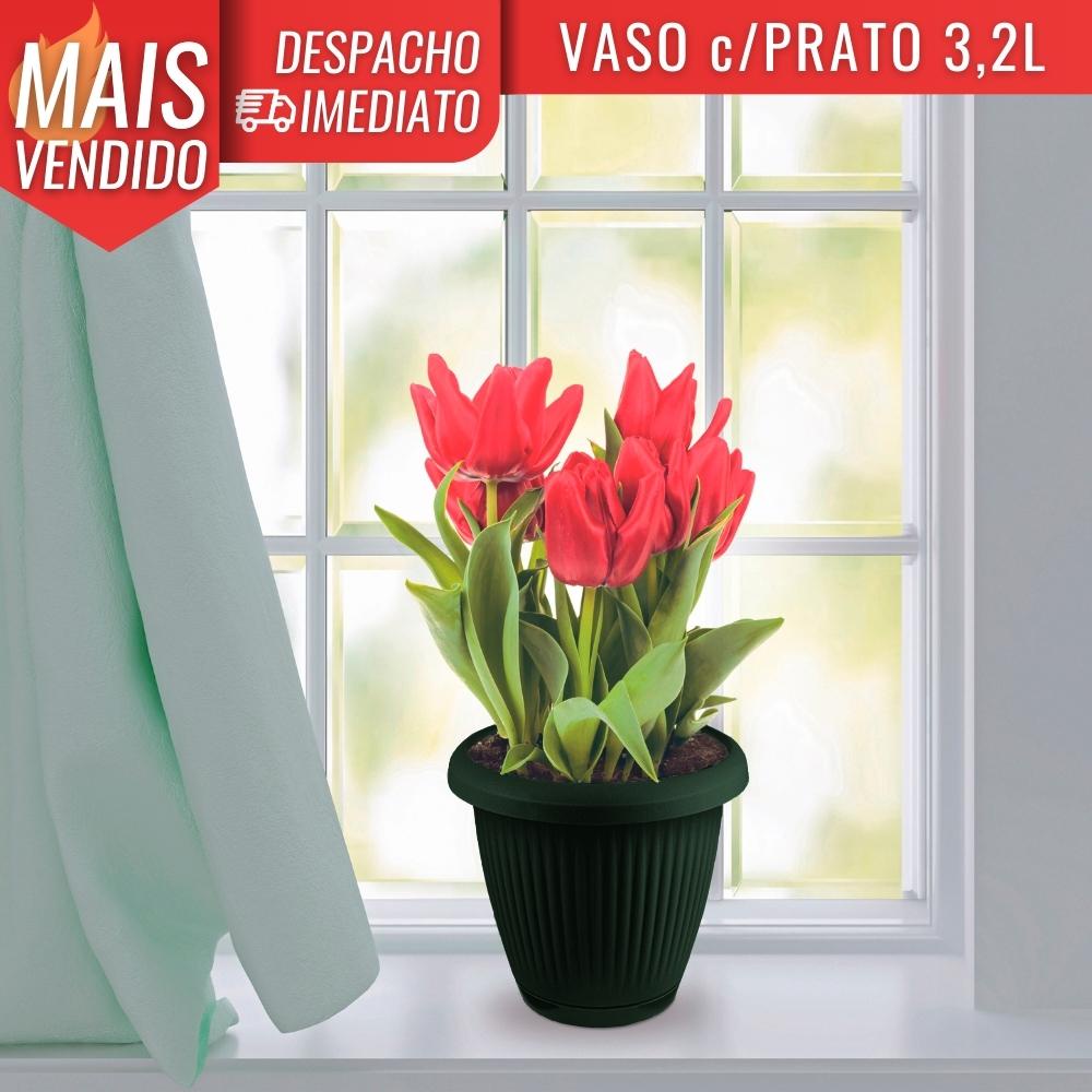 Vaso de Flor Plástico Médio c/Prato 3,2 Litros Moderno Decorativo