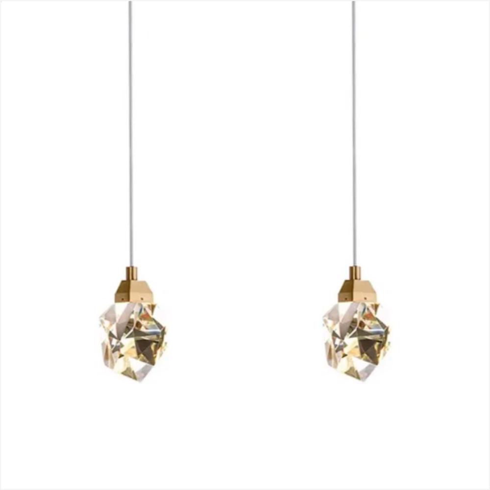 Kit 2 Luminárias Pendentes Pedra De Cristal Lavabo Cabeceira Dourado Led 3 em 1 Nobre Luz