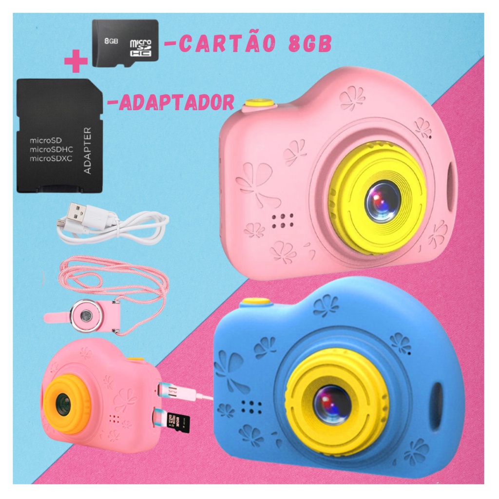 Câmera Fotográfica Digital Infantil + Cartão Memoria 8GB Para Crianças Filma Foto Com Jogos