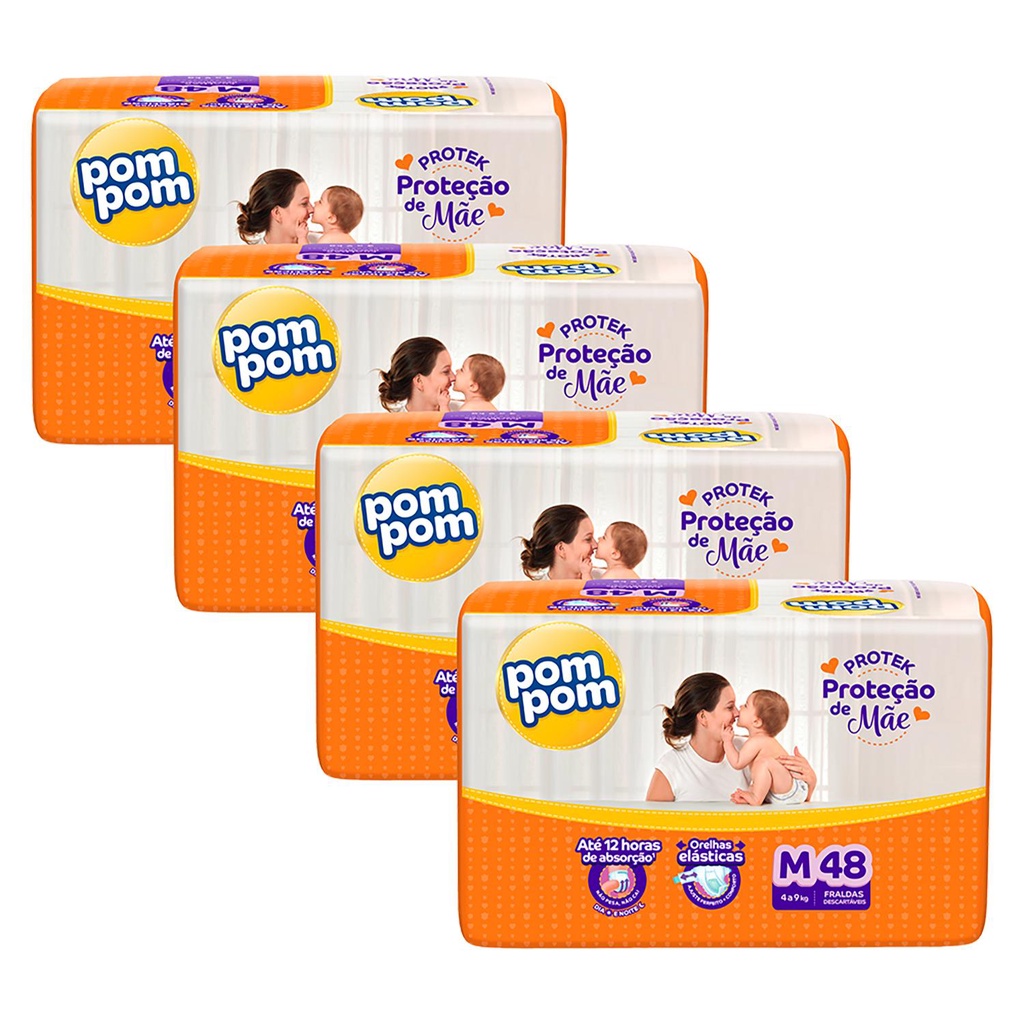 Kit 4 Fraldas Pom Pom Derma Protek Mega M com 48un cada - Mom & Baby