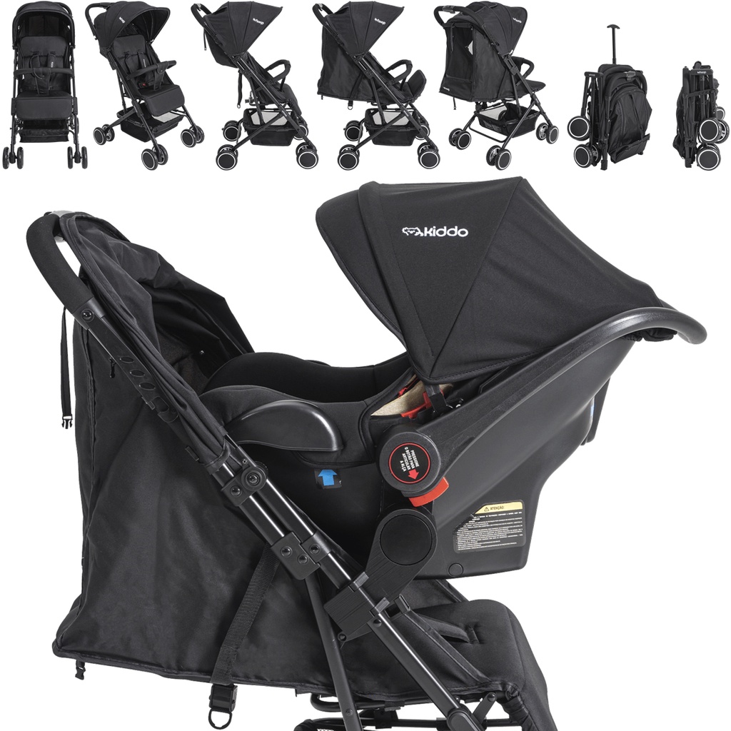Carrinho de Bebe Passeio com Bebe Conforto Kiddo Mascote Preto