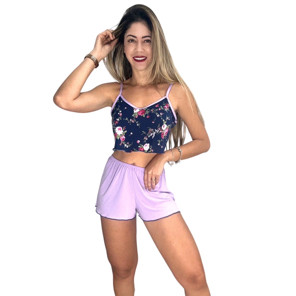 Short Doll Feminino Pijama Conjunto Top Com Short FitLin Verão Cropped Baby Doll Suede Estampado Conforto Adulto