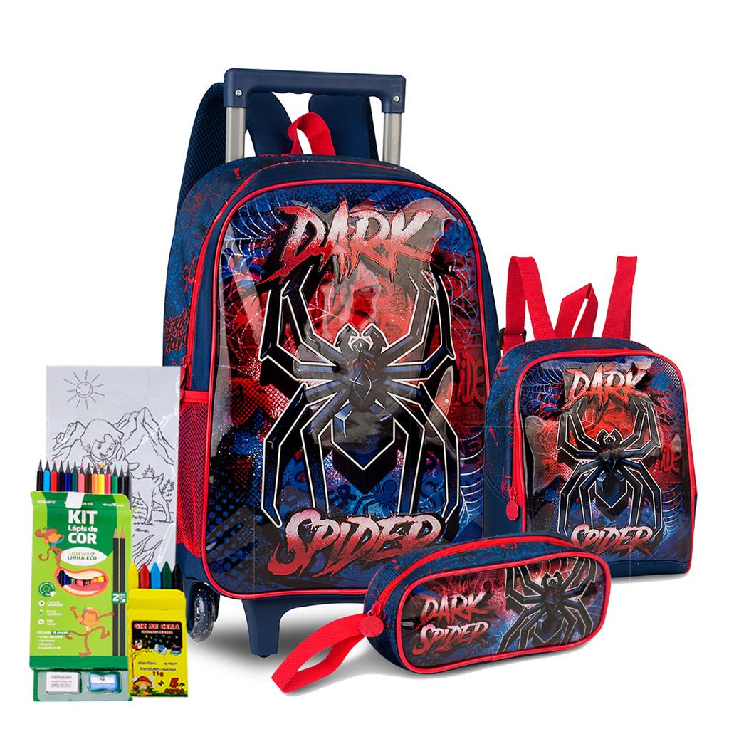 Kit Mochila Infantil Estojo Lancheira Rodinha Dark Spider Menino Aranha Venom Clio Style Lancamento