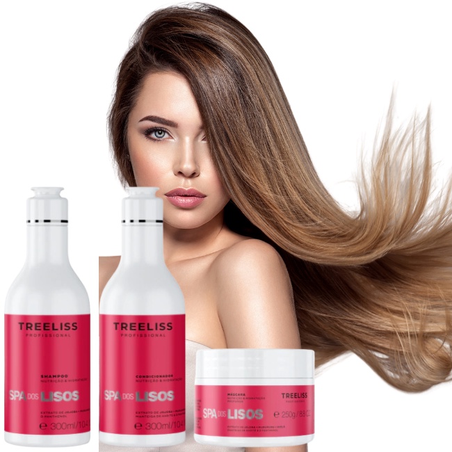 Kit Completo Tratamento Para Cabelos Lisos e Alisados Spa dos Lisos TreeLiss Shampoo+Condicionador+Mascara Acao Hidratante e Nutricao dos Fios Vitalidade e Movimento Brilho Espelhado 300ml