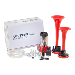 Buzina 2 Cornetas 24v Universal + Compressor E Mangueira BUZINA 2 CORNETAS VERMELHA 24V (VOX2P) VETOR em Oferta na Shopee